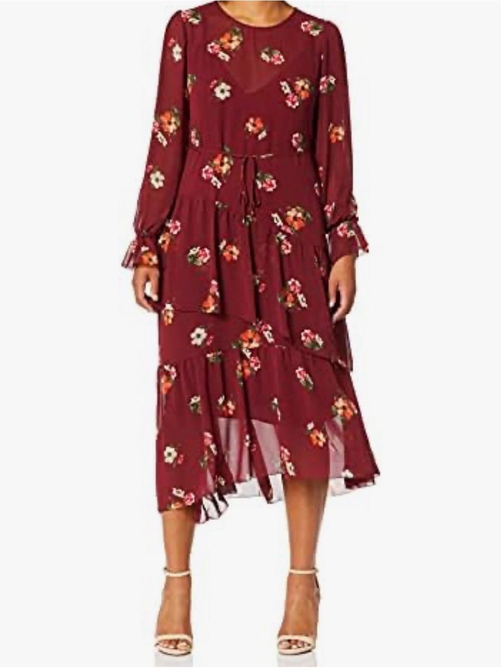 Astr Burgundy Floral Long Sleeve Tiered Midi Dress